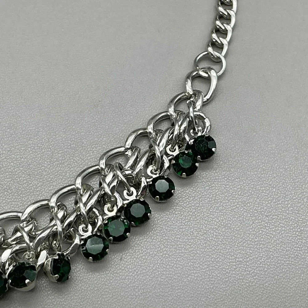 Necklace Green Rhinestone Silver Tone Chunky Chain Bib Statement Dangle Collar